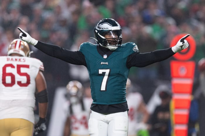 Dec 3, 2023; Philadelphia, Pennsylvania, USA; Philadelphia Eagles linebacker Haason Reddick (7) reacts after a defensive stop against the San Francisco 49ers during the first quarter at Lincoln Financial Field.
